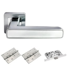 Дверная фурнитура. MH44-S55SC-W-MS4BB (Комплект матовый хром — белый: дверная ручка ЦАМ, защелка, 2 петли)